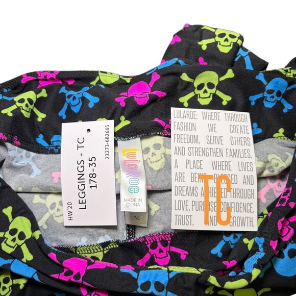 LuLaRoe TC Skull Print Leggings Black Neon Pink Blue Green Halloween - Picture 2 of 6